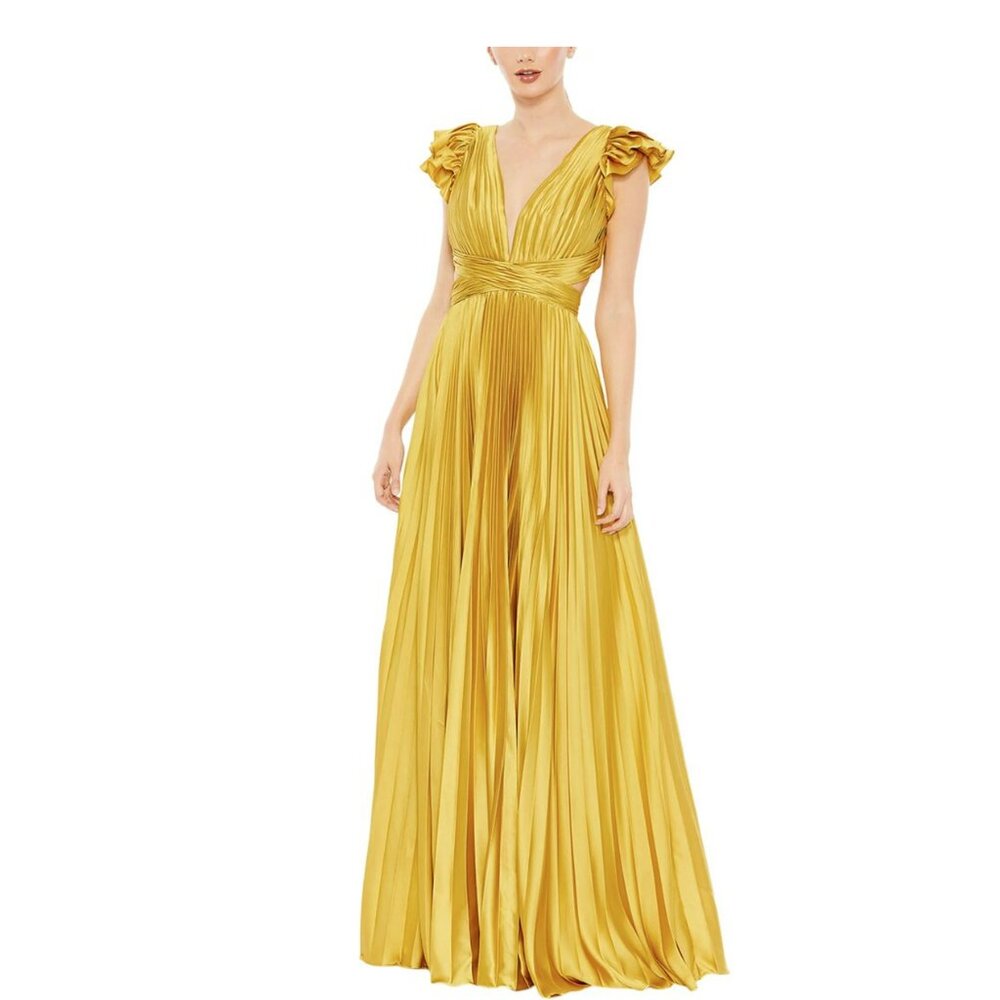 Yellow Pleated Flutter Sleeve A-Line Formal Dress - Size XL 🌟